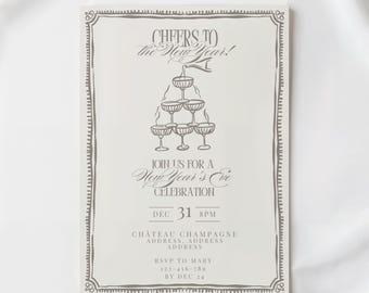 Convite para Festa de Ano Novo com Torre de Champanhe | Convite para Festa de Coquetel de Ano Novo em Prata com Desenhos à Mão | Modelo Editável e Imprimível para Download no Canva