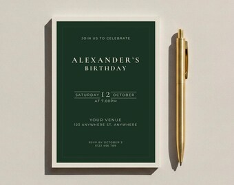 Modelo de convite de aniversário verde | Convite minimalista clássico para festa formal em tons de verde esmeralda escuro e creme | Download digital editável para impressão no Canva, tamanho 5x7