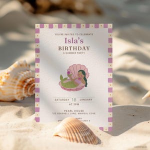 May include: A mermaid-themed birthday invitation with a pink and white border. The text reads "Isla's Birthday, A Summer Party." An illustration depicts a mermaid in a seashell. The date is Saturday, 18 January at 2 PM. The address is Pearl House.
