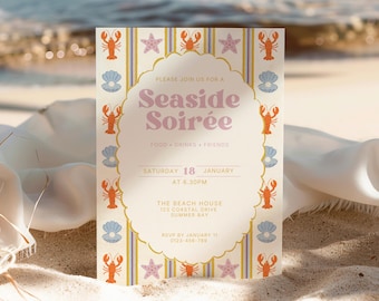 Retro Seaside Soirée Invitation | Coastal Beach House Summer Social Dinner Party  Invite | Editable Canva Template Instant Digital Download