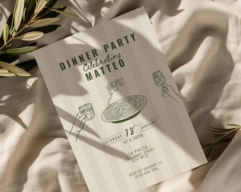 Invitación a una cena italiana / Invitación a una noche de pasta a rayas con arte lineal minimalista dibujado a mano / Plantilla imprimible y editable de 5x7, descarga digital