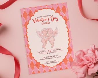 Valentine’s Day Soirée Invitation | Watercolor Hand Painted Kissing Cherub Romantic Party Invite | Editable Canva Template Instant Download