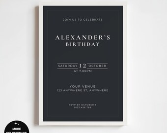 Convite de Aniversário Cinza Carvão | Convite Clássico e Formal para Festa com Tipografia Minimalista | Modelo Editável do Canva 5x7 para Impressão Digital