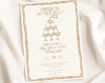 New Years Eve Champagne Tower Invite | NYE Hand Drawn Gold Cocktail Party Invitation | Editable Canva Printable Template Digital Download