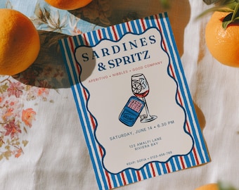 Invitación a una noche de cóctel con sardinas y spritz de Amalfi / Invitación a una noche de cóctel con spritz de pescado enlatado de la costa italiana / Plantilla editable, descarga digital