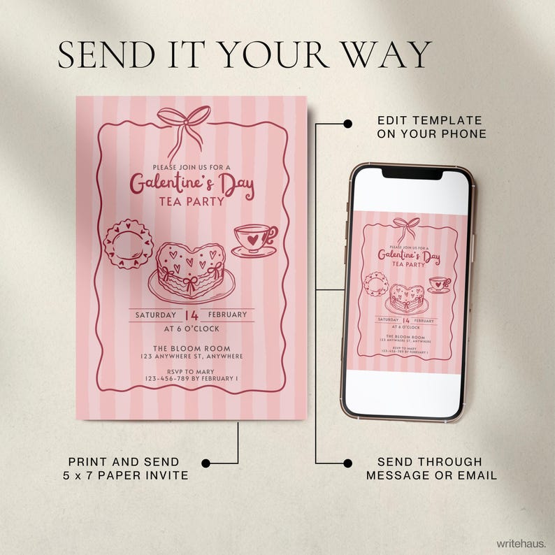 Printable Galentine’s Day invitation in pink vintage tea party style
