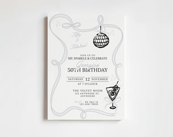 Convite para Festa de 50 Anos Coquette | Convite para Festa de Coquetel Disco Martini com Laço de Platina | Modelo Editável para Download Imediato