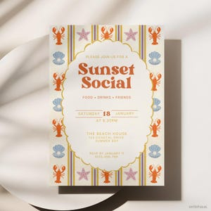 Summer social invitation with lobster and shell pattern