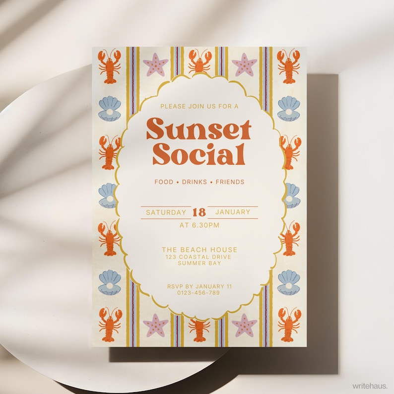 Summer social invitation with lobster and shell pattern