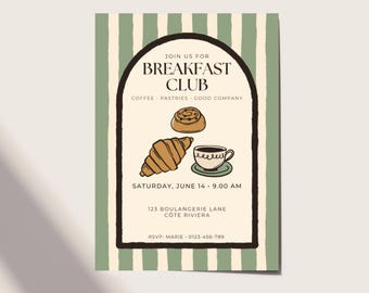 Invitación de brunch del club de desayuno / Invitación de brunch de café francés con rayas verdes, 5x7 / Plantilla editable, descarga digital imprimible