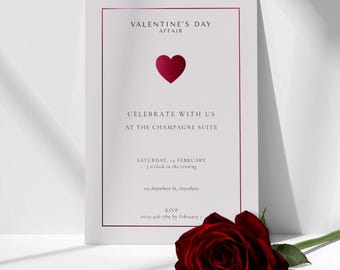 Burgundy Heart Valentine's Invite | Modern Minimalist Metallic Satin Romantic Party Invitation | Editable Canva Template Instant Download