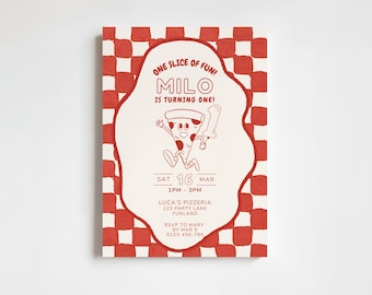 Convite para Festa de Aniversário de 1 Ano com Tema de Pizza | Convite para o Primeiro Aniversário do Seu Filho com o Tema "Uma Fatia de Diversão" | Modelo Editável 5x7 no Canva para Impressão Digital