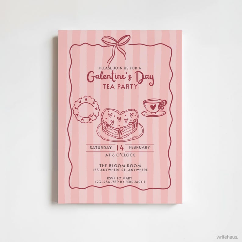 Soft pink Valentine tea party invitation with hand-drawn illustrations