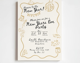 Convite de Ano Novo em Preto e Dourado | Convite para Festa de Ano Novo com Desenhos à Mão Livres e Criativos | Modelo Editável e Imprimível no Canva (5x7)