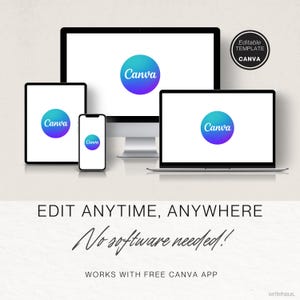 May include: A digital design featuring a desktop computer, laptop, tablet, and smartphone, each displaying the Canva logo. The image includes the text "EDIT ANYTIME, ANYWHERE" and "No software needed!" with a small circle that says "Editable Template Canva".