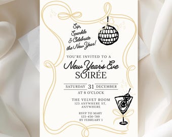 Convite de Ano Novo Dourado e Divertido | Convite para Festa de Réveillon com Desenho à Mão Livre e Laço Estilo Disco Martini Coquette | Modelo Editável no Canva