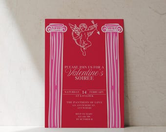 Grecian Valentine's Invitation | Classical Roman Cupid Greek Columns Pink Red Galentine Party Invite | Editable Template Instant Download