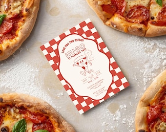 Convite para Festa de Aniversário de 2 Anos com Tema de Pizza | Amo Você 2 - Convite para Aniversário de 2 Anos com Duas Pizzas | Modelo Editável do Canva para Impressão Digital
