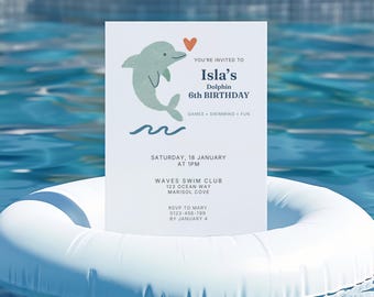 Kids Dolphin Birthday Invitation | Under the Sea Swim Pool Party Invite | Minimal Editable Printable Canva Template Instant Digital Download