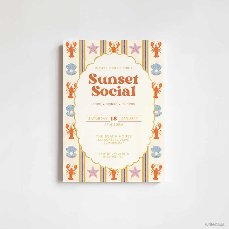 Coastal dinner party invitation retro seaside design
