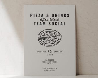 Convite para Pizza e Bebidas no Escritório | Convite para Evento Social Corporativo de Integração de Equipe após o Expediente | Modelo Editável para Download Digital