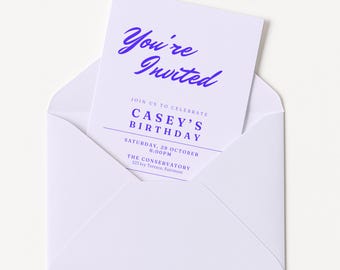 Convite de Aniversário Roxo Lavanda | Convite Moderno com Tipografia Minimalista em Tons de Lilás | Modelo Editável para Impressão 5x7 | Download Digital