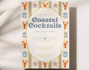 Invitación a cóctel costero / Invitación a fiesta social de verano en casa de playa retro / Plantilla editable de Canva (descarga digital)