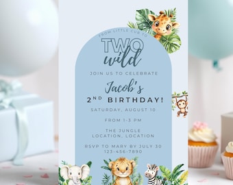 Two Wild Blue Safari 2nd Birthday Invitation | Jungle Animals Editable Canva Template | Instant Digital Download | 5x7 Second Party Invite