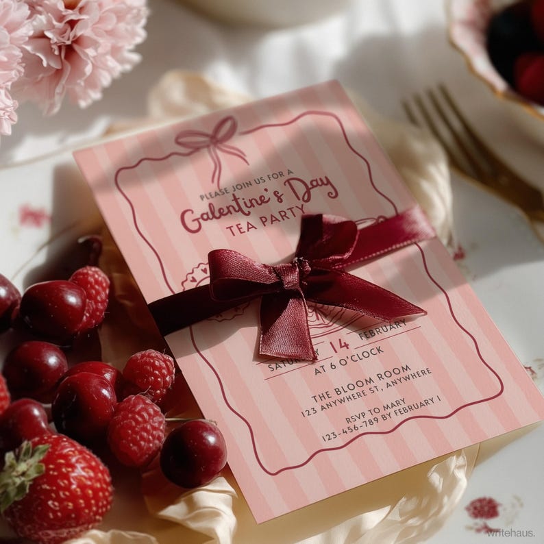 Editable Galentine’s tea party invite featuring vintage tea cup and dessert art