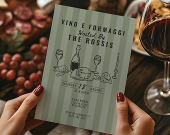 Invitación para una noche de vino y queso / Invitación a fiesta de rayas verdes con vino y queso italiano / Plantilla editable e imprimible de Canva de 5 x 7 pulgadas, descarga digital