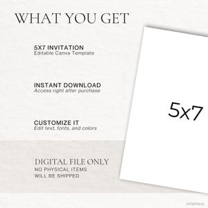 Puede incluir: Una plantilla de invitaci&oacute;n digital con el texto &laquo;QU&Eacute; OBTIENES&raquo; en la parte superior. El texto de abajo describe la invitaci&oacute;n como una plantilla de Canva editable de 12,7 x 17,8 cm, una descarga instant&aacute;nea y personalizable. Una tarjeta en blanco de 5x7 pulgadas est&aacute; a la derecha.