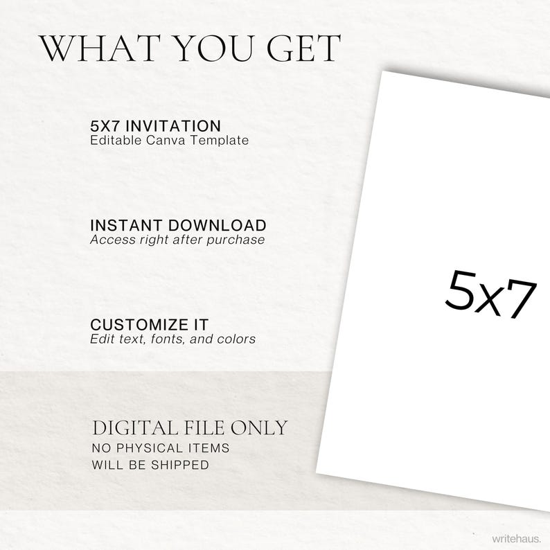 Puede incluir: Una plantilla de invitaci&oacute;n digital con el texto &laquo;QU&Eacute; OBTIENES&raquo; en la parte superior. El texto de abajo describe la invitaci&oacute;n como una plantilla de Canva editable de 12,7 x 17,8 cm, una descarga instant&aacute;nea y personalizable. Una tarjeta en blanco de 5x7 pulgadas est&aacute; a la derecha.