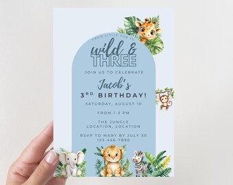 Wild & Three Blue Safari 3rd Birthday Invitation | Jungle Animals Third Party | Editable 5x7 Canva Template Instant Digital Download