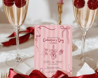 Galentine’s Day Invitation | Coquette Valentines Soirée Pink Red Hand Drawn Doodle Party 5x7 Invite | Girls Night Canva Template Download