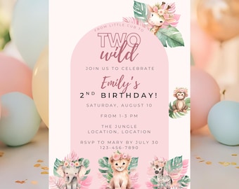 Two Wild 2nd Birthday Party Pink Invitation | Girls Safari Animals 2nd Birthday Invite | Editable Canva Template Digital Instant Download