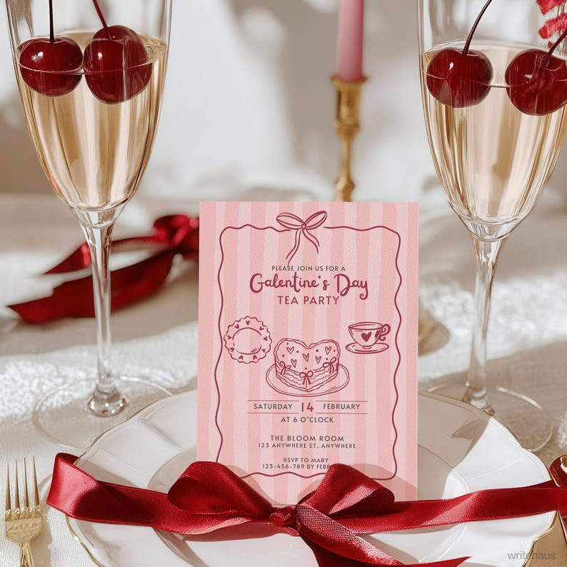 Soft pink Valentine tea party invitation with hand-drawn illustrations