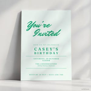 Pastel Mint Birthday Invitation | Modern Minimalist Bold Emerald Green Typography Script Party Invite | Editable Template Digital Download