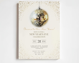 Gold Disco Ball New Years Eve Invitation | 2026 Metallic Champagne NYE Party Invite | Editable Canva Template Printable Digital Download