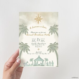 May include: Watercolor Christmas party invitation with text "A Saviour is born." Features palm trees, a star, and a nativity scene illustration. Includes event details: date, time, location, and RSVP information.