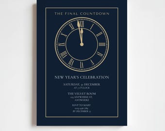 Convite para Festa de Ano Novo | NYE: A Contagem Regressiva Final - Convite Minimalista com Relógio em Azul Marinho e Dourado | Modelo Editável para Imprimir