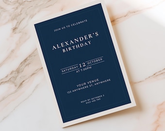 Navy Birthday Invitation Template | Blue Cream White Minimal Classic Formal Party Invite | Editable Canva Printable Digital Download