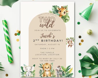 Two Wild 2nd Birthday Party Invitation | Safari Jungle Animal Theme Invite | Editable Canva Template Instant Printable Digital Download