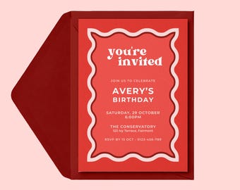 Convite de aniversário com borda ondulada vermelha | Convite de festa moderno, retrô e minimalista em tons de coral, tomate e branco | Modelo editável do Canva para download digital
