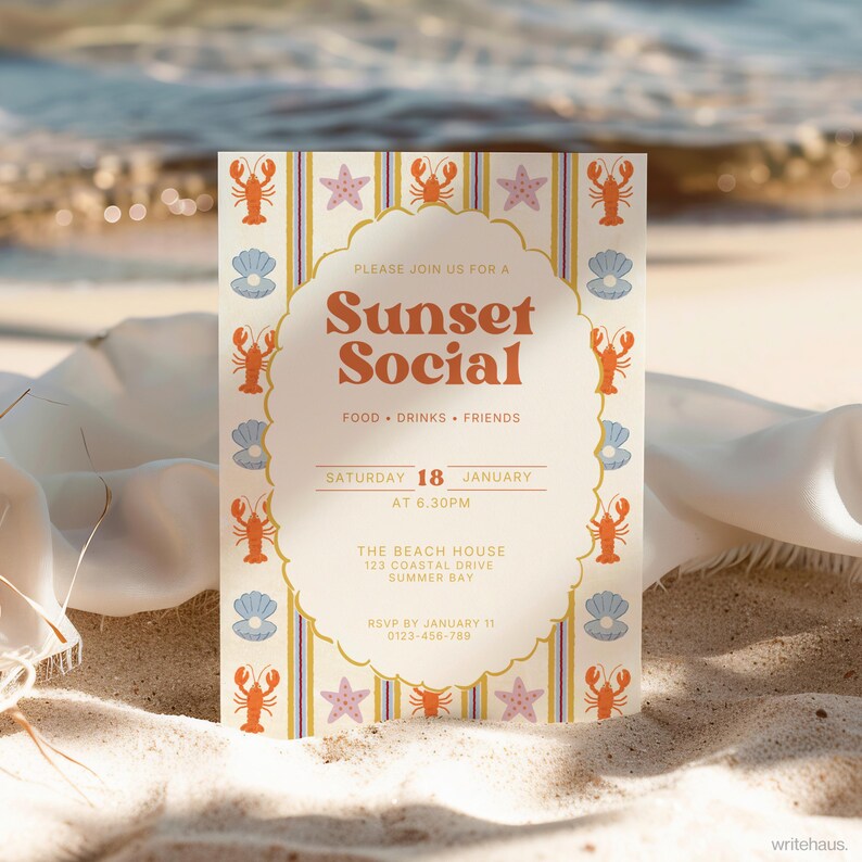 Beach house gathering invitation editable in Canva