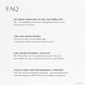 May include: A cream-colored document with the heading "FAQ" in a minimalist font. The text answers questions about a template, including whether Canva Pro is needed, if it can be edited on a phone, and if it can be shared or resold.