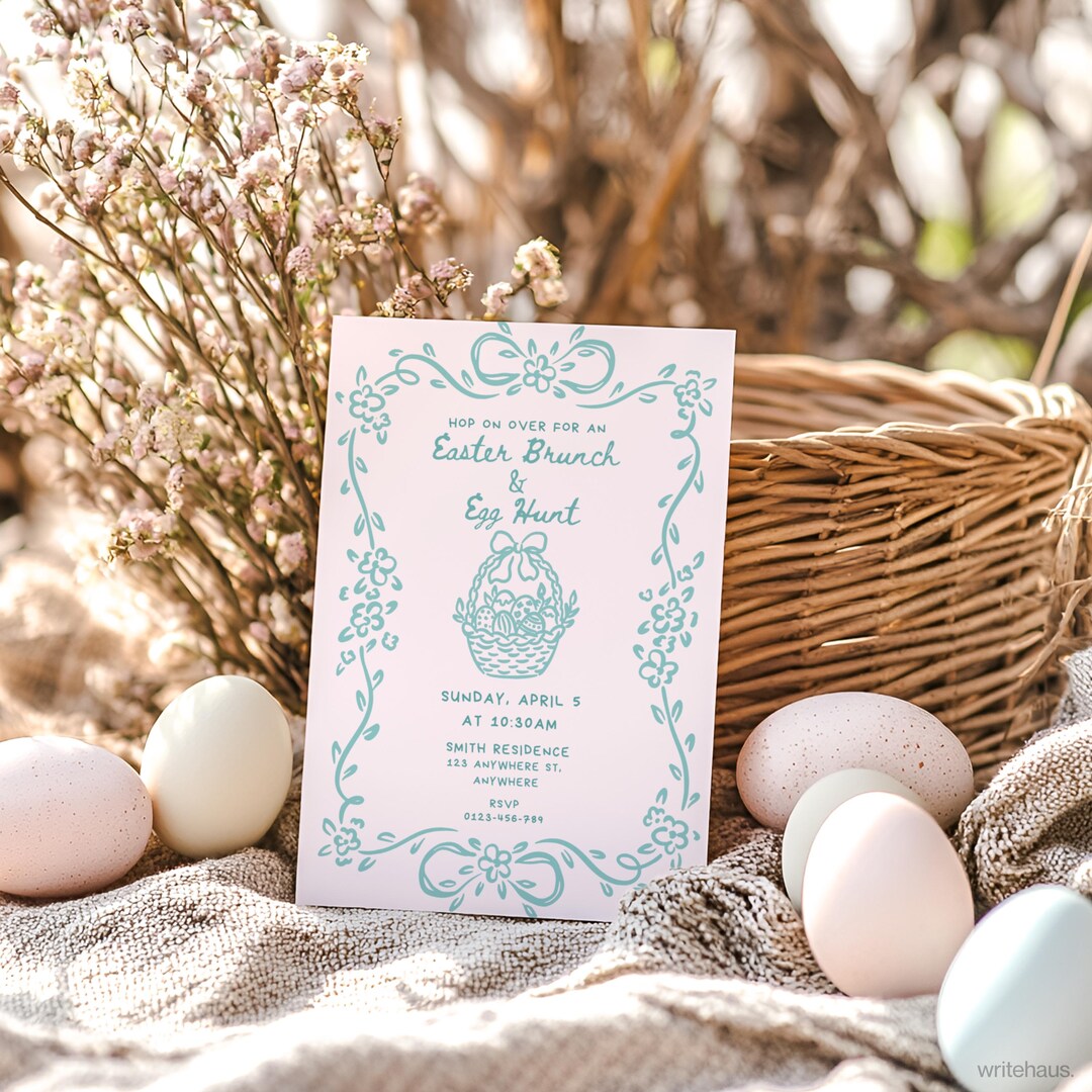 Blue Spring Invitations Pink Blue Spring Invitation | Hand Drawn Blush Duck Egg Blue Easter ...