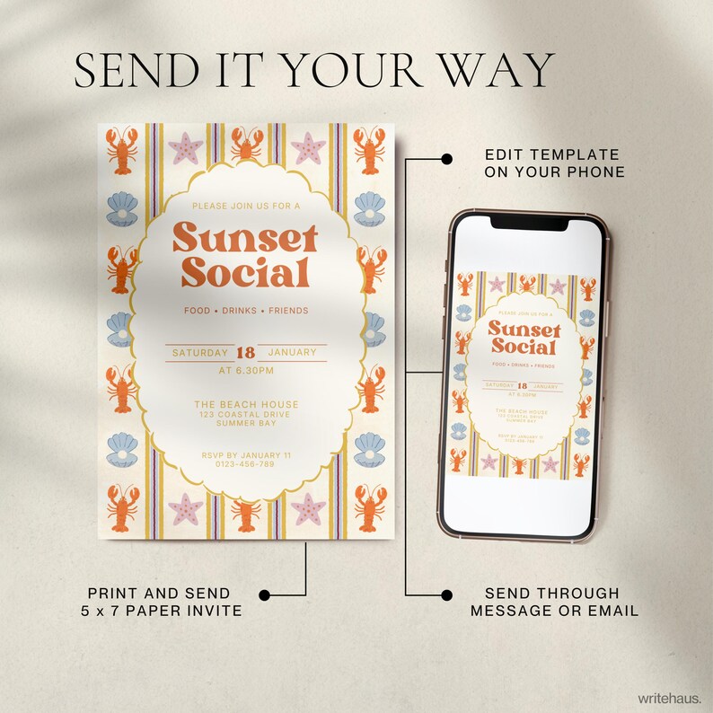 Retro coastal party invitation printable template