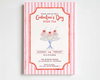 Galentine’s Day High Tea Invitation | Watercolor Hand Painted Valentines Cupcake Ladies Dessert Party Invite | Editable Template Download