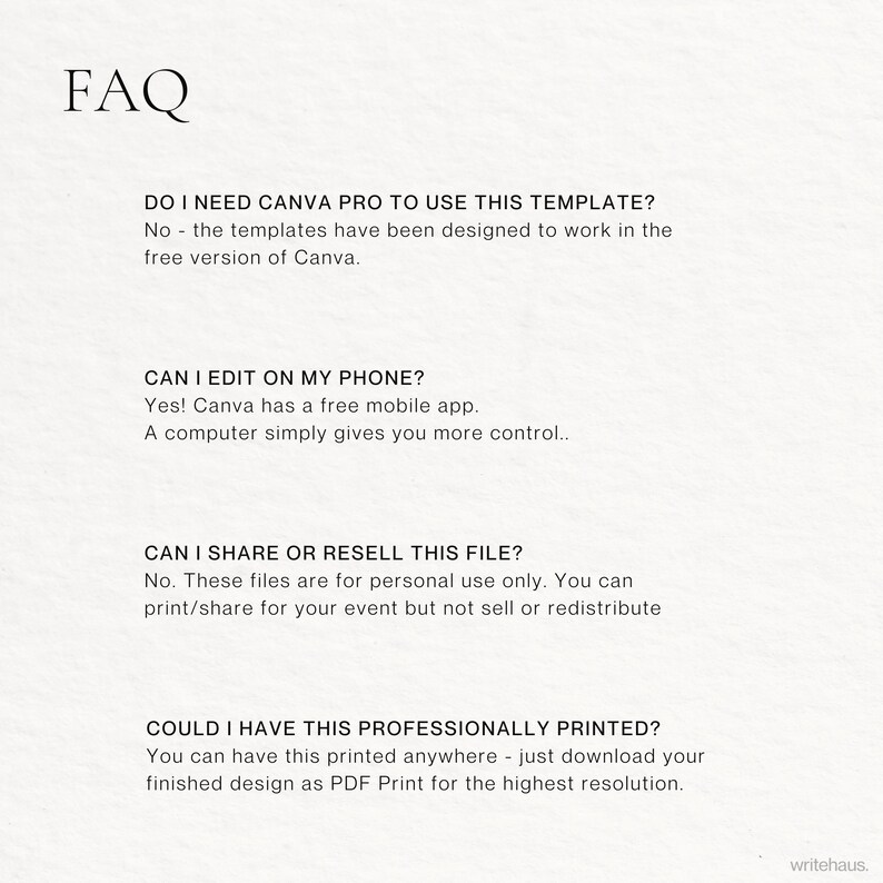 Puede incluir: Un documento color crema con el encabezado "FAQ" en una fuente minimalista. El texto responde preguntas sobre una plantilla, incluyendo si se necesita Canva Pro, si se puede editar en un tel&eacute;fono y si se puede compartir o revender.