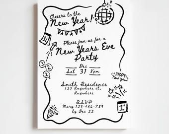 Convite de Ano Novo em Preto e Branco | Convite para Festa de Ano Novo com Desenhos à Mão em Estilo Monocromático e Divertido | Modelo Editável e Imprimível no Canva